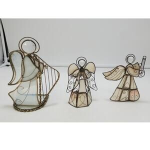VTG Capiz Shell & Stained Glass Angel Candle Holders, Set of 3